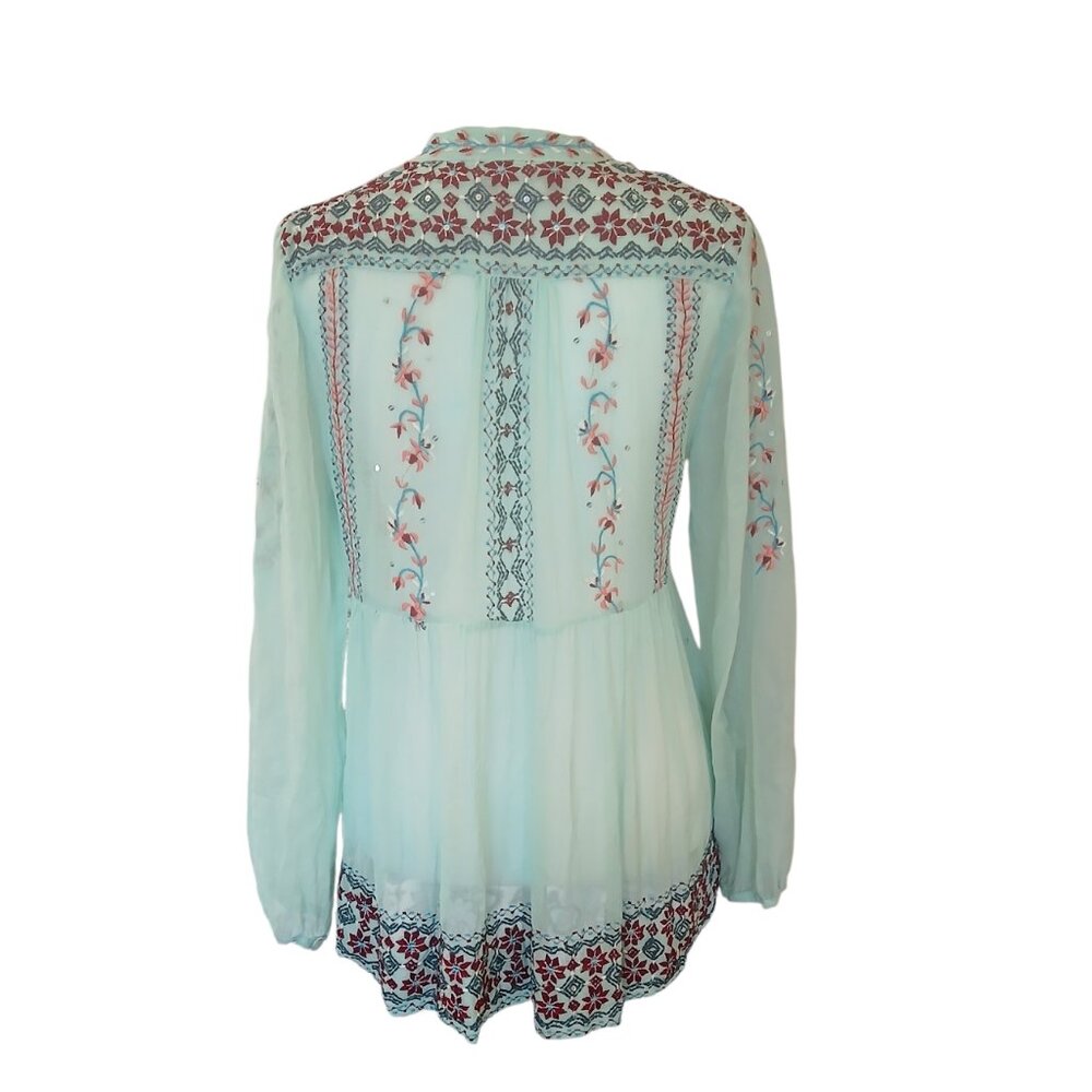 Antik Batik mint green silk top bohemian embroidered long sleeve size M - Picture 2 of 7